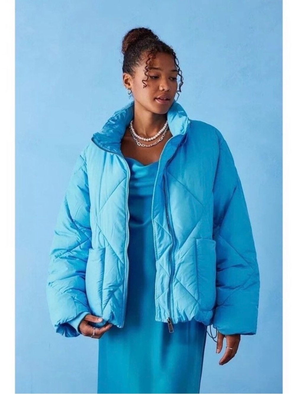 Free People Emmy Swing Puffer Jacket Capri Blue Front Zipper Sz Small Oversized